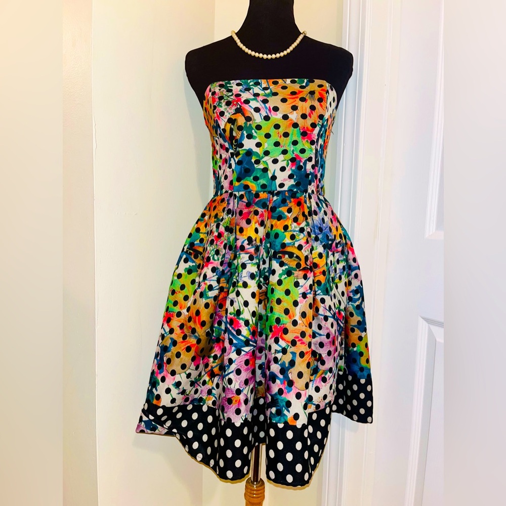 Corey Lynn Calter Vibrant multicolor n Polka Dot Strapless Dress.
